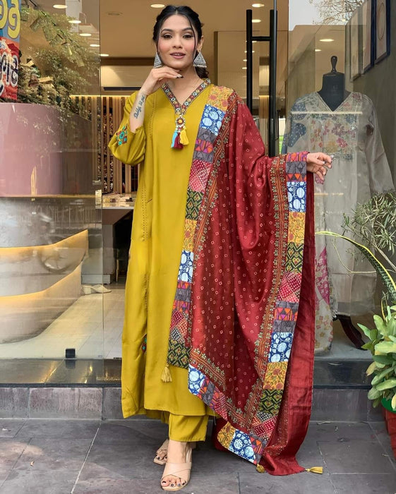 Musterd Yellow Embroidery Kurta Set