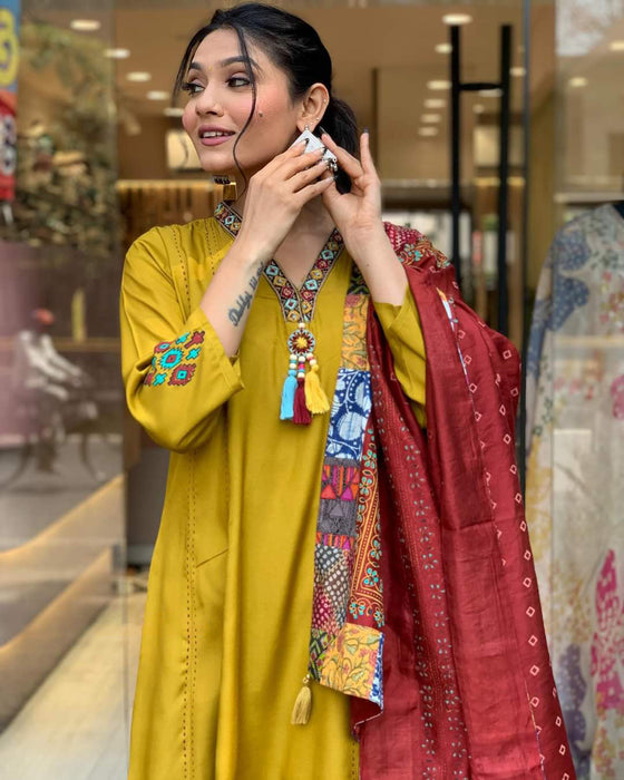 Musterd Yellow Embroidery Kurta Set