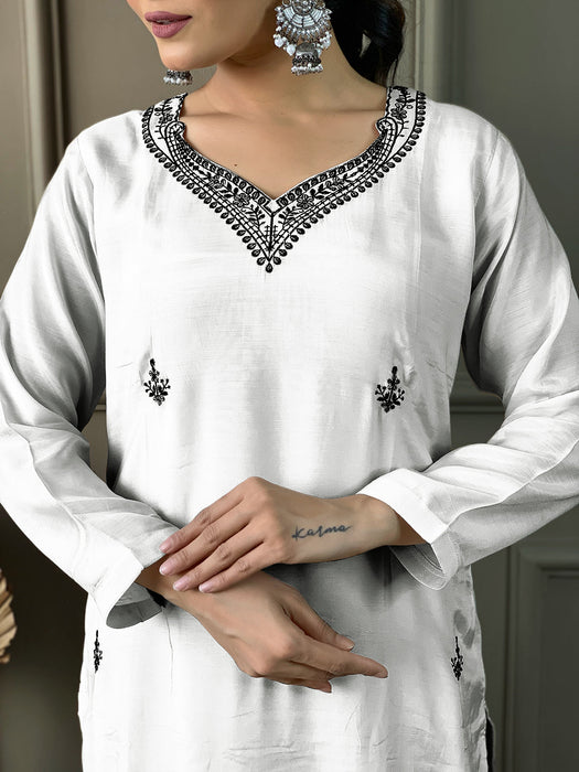 WHITE AND BLACK PRINTED KURTA SET