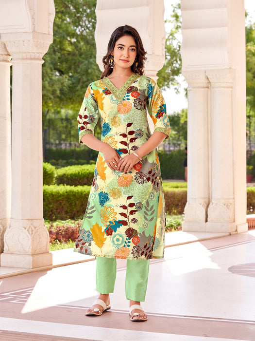 PISTA PRINTED EMBROIDERY KURTA SET