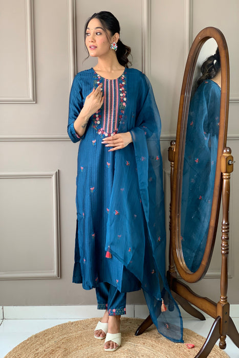 CYAN BLUE EMBROIDERY KURTI WITH PANT