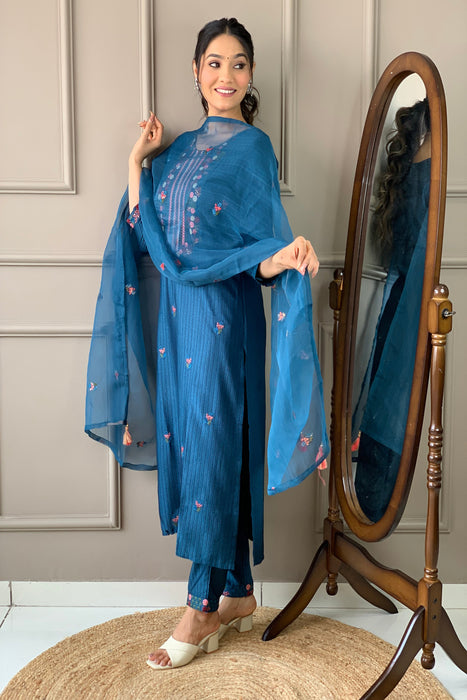 CYAN BLUE EMBROIDERY KURTI WITH PANT