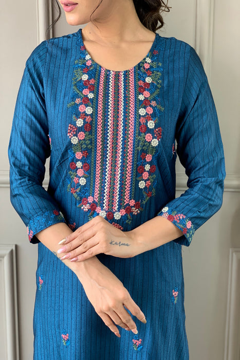 CYAN BLUE EMBROIDERY KURTI WITH PANT