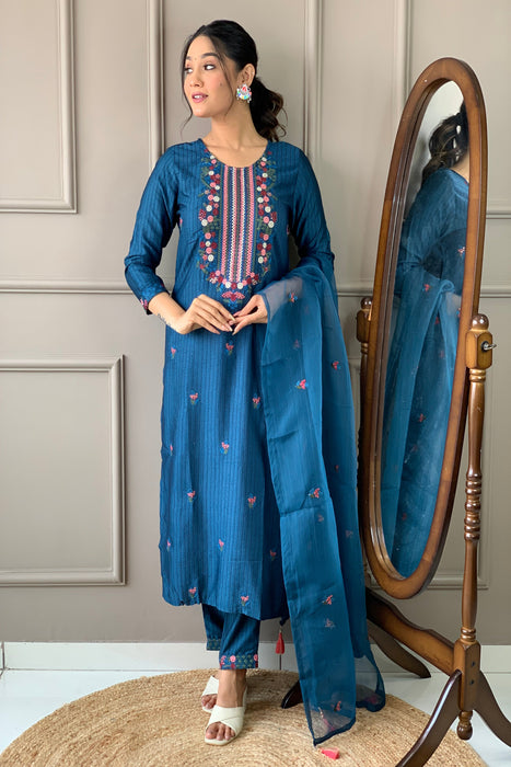 CYAN BLUE EMBROIDERY KURTI WITH PANT