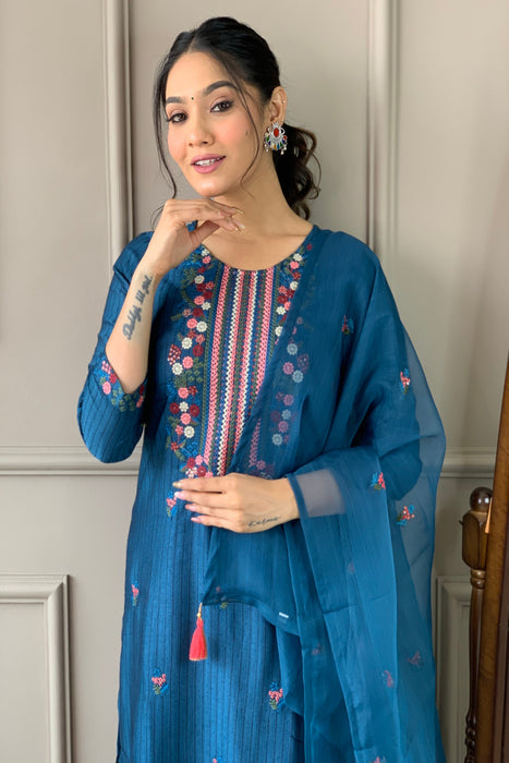 CYAN BLUE EMBROIDERY KURTI WITH PANT