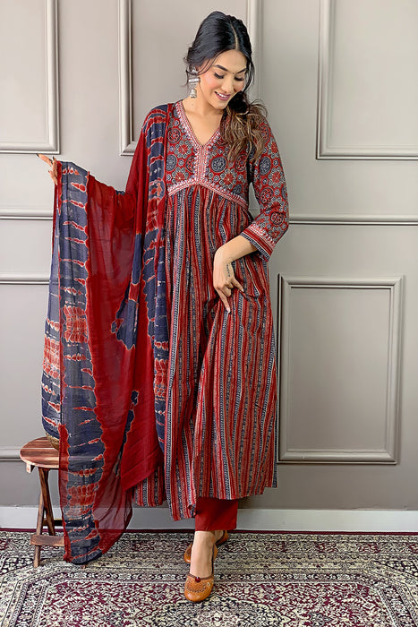 RUSTIC RED COTTON KURTI WITH PANT