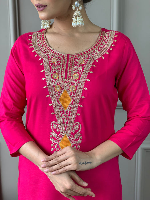 Magenta Red Embroidery Kurta Set