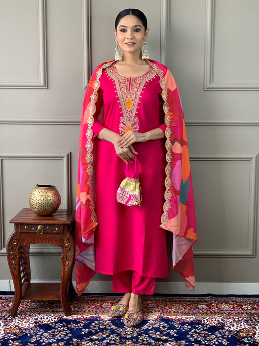 Magenta Red Embroidery Kurta Set