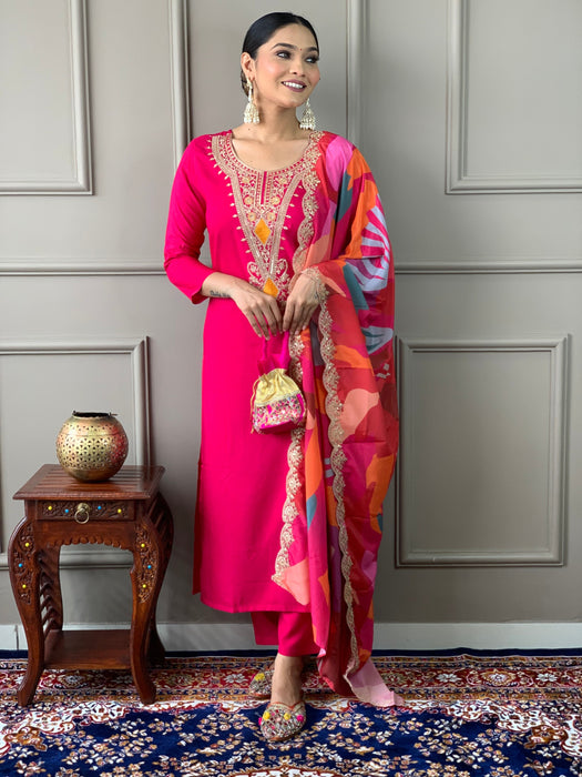 Magenta Red Embroidery Kurta Set