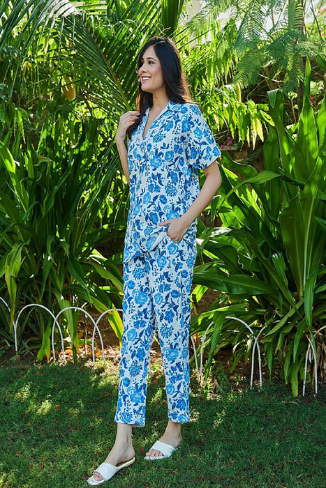 CYAN BLUE WITH WHITE FLOWER PRINTED TOP AND PLAZZO CO-ORD SET