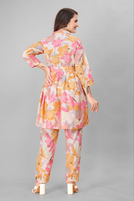 CAVERN PINK MULTI COLOUR LEAF PRINTED TOP AND PLAZOO CO-ORD SET